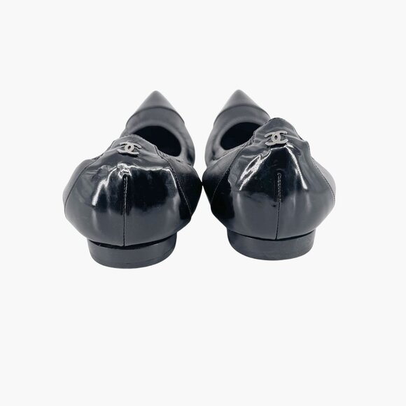 Chanel Cap Toe CC Ballet Flat Size 39 US 8-8.5 Black Pointed Toe Elastic Leather - Picture 6 of 15